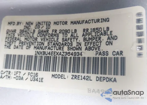 2010 Toyota Corolla Le from USA, damaged, VIN 1NXBU4EEXAZ384934